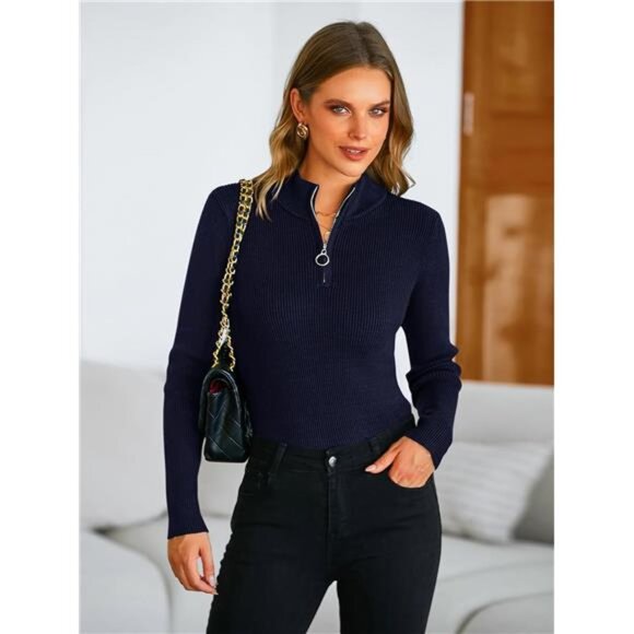 Women's Fall Quarter Zip Pullover Sweater –  Long Sleeve Collared - Picture 6 of 7